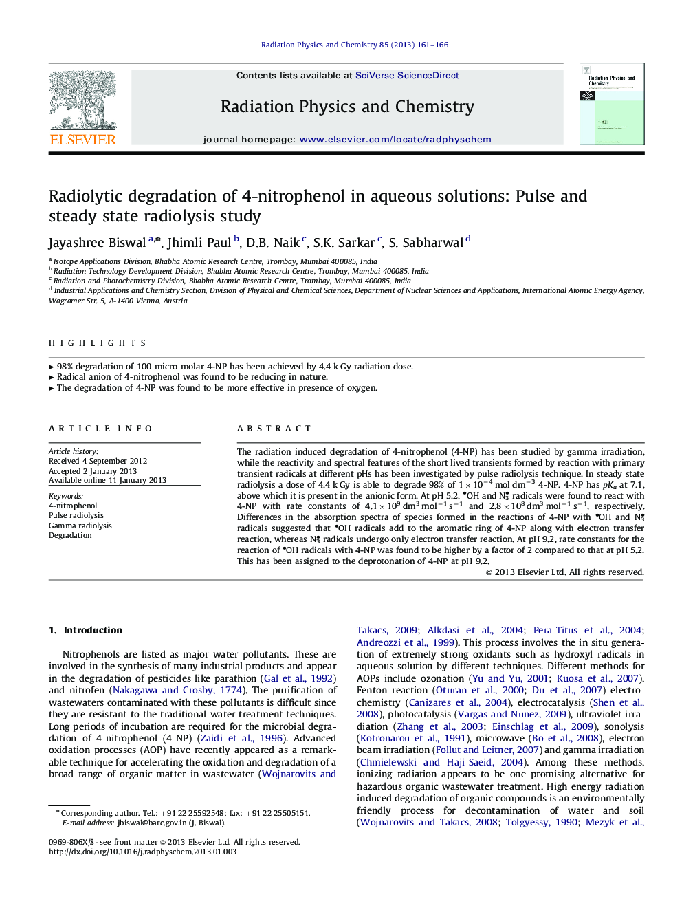 Radiolytic degradation of 4-nitrophenol in aqueous solutions: Pulse and steady state radiolysis study