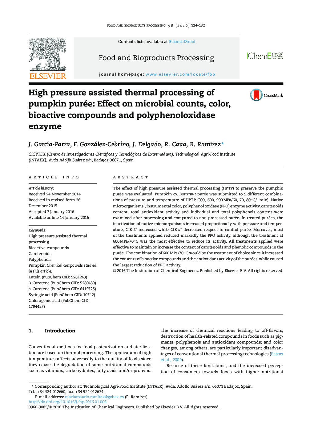 High pressure assisted thermal processing of pumpkin purée: Effect on microbial counts, color, bioactive compounds and polyphenoloxidase enzyme