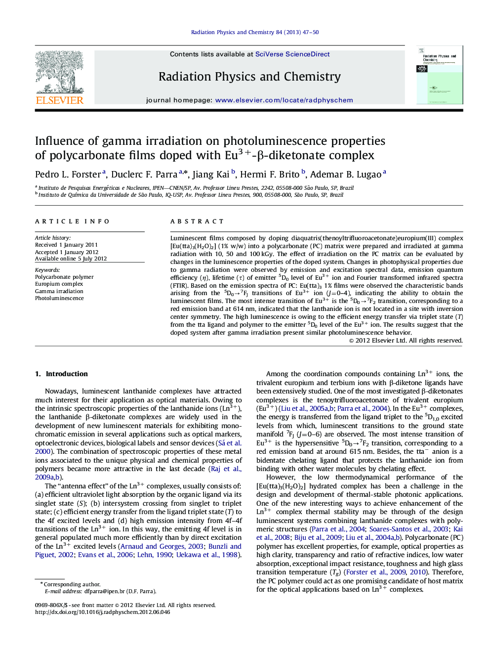 Influence of gamma irradiation on photoluminescence properties of polycarbonate films doped with Eu3+-β-diketonate complex