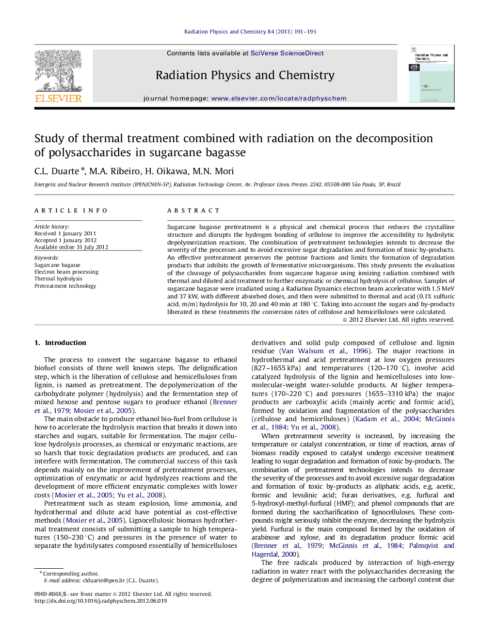 Study of thermal treatment combined with radiation on the decomposition of polysaccharides in sugarcane bagasse