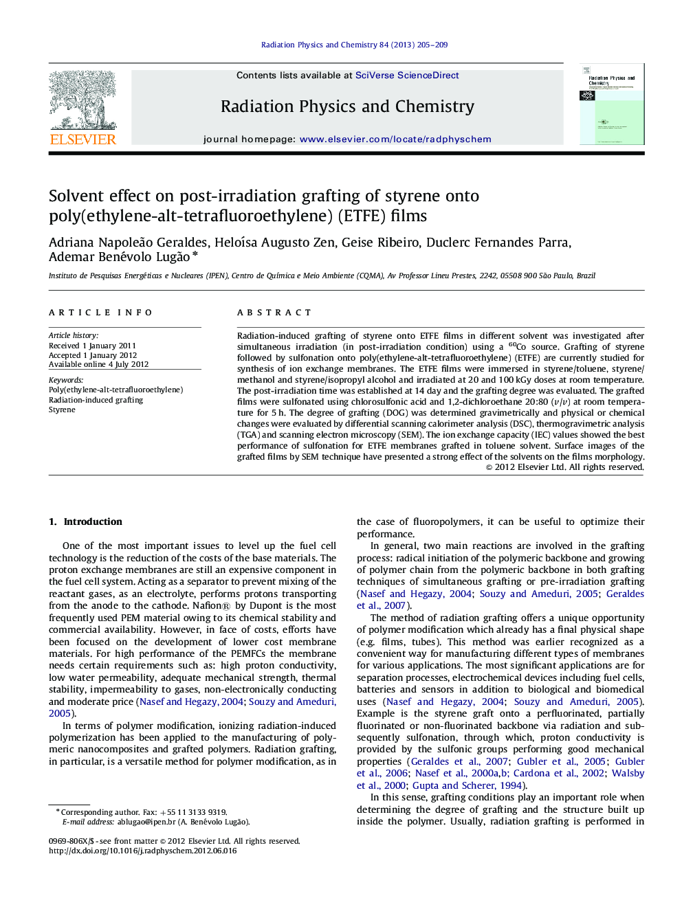 Solvent effect on post-irradiation grafting of styrene onto poly(ethylene-alt-tetrafluoroethylene) (ETFE) films