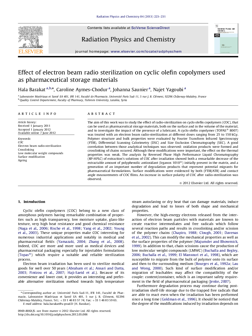 Effect of electron beam radio sterilization on cyclic olefin copolymers used as pharmaceutical storage materials