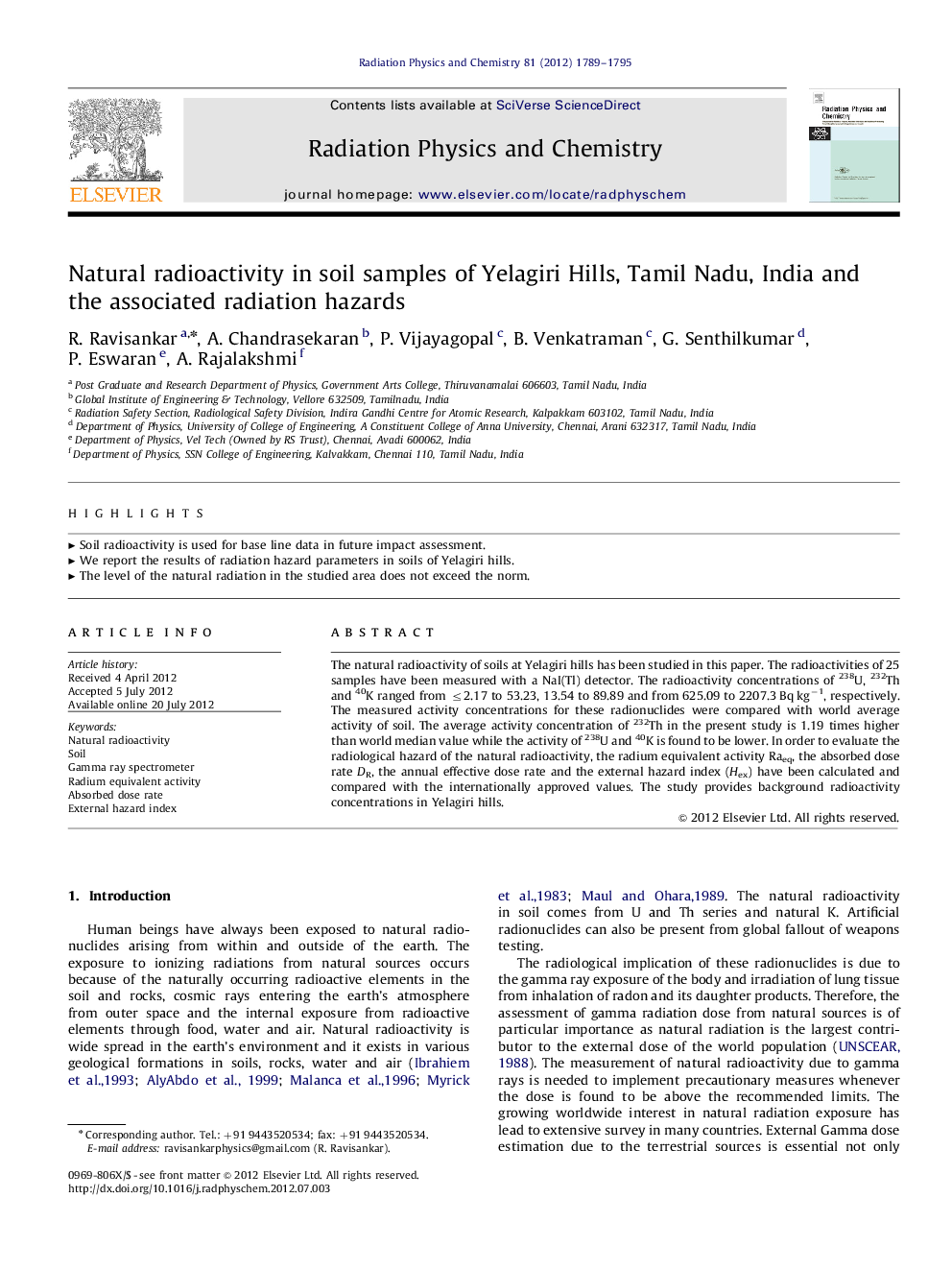 Natural radioactivity in soil samples of Yelagiri Hills, Tamil Nadu, India and the associated radiation hazards