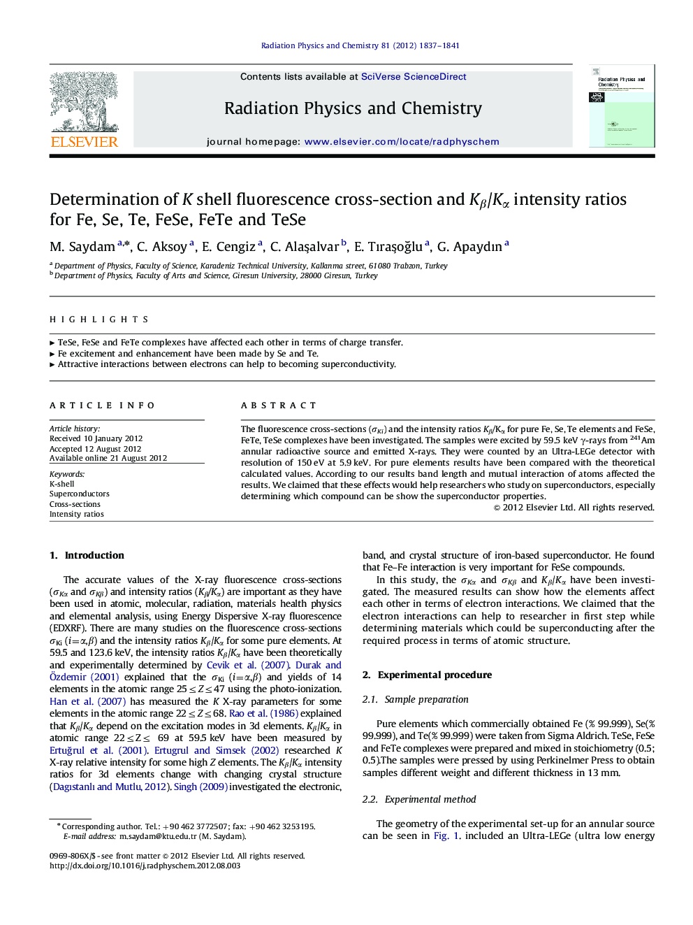 Determination of K shell fluorescence cross-section and Kβ/Kα intensity ratios for Fe, Se, Te, FeSe, FeTe and TeSe