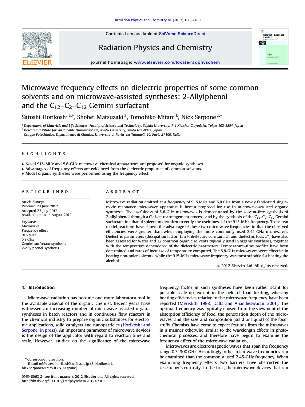 Microwave frequency effects on dielectric properties of some common solvents and on microwave-assisted syntheses: 2-Allylphenol and the C12–C2–C12 Gemini surfactant