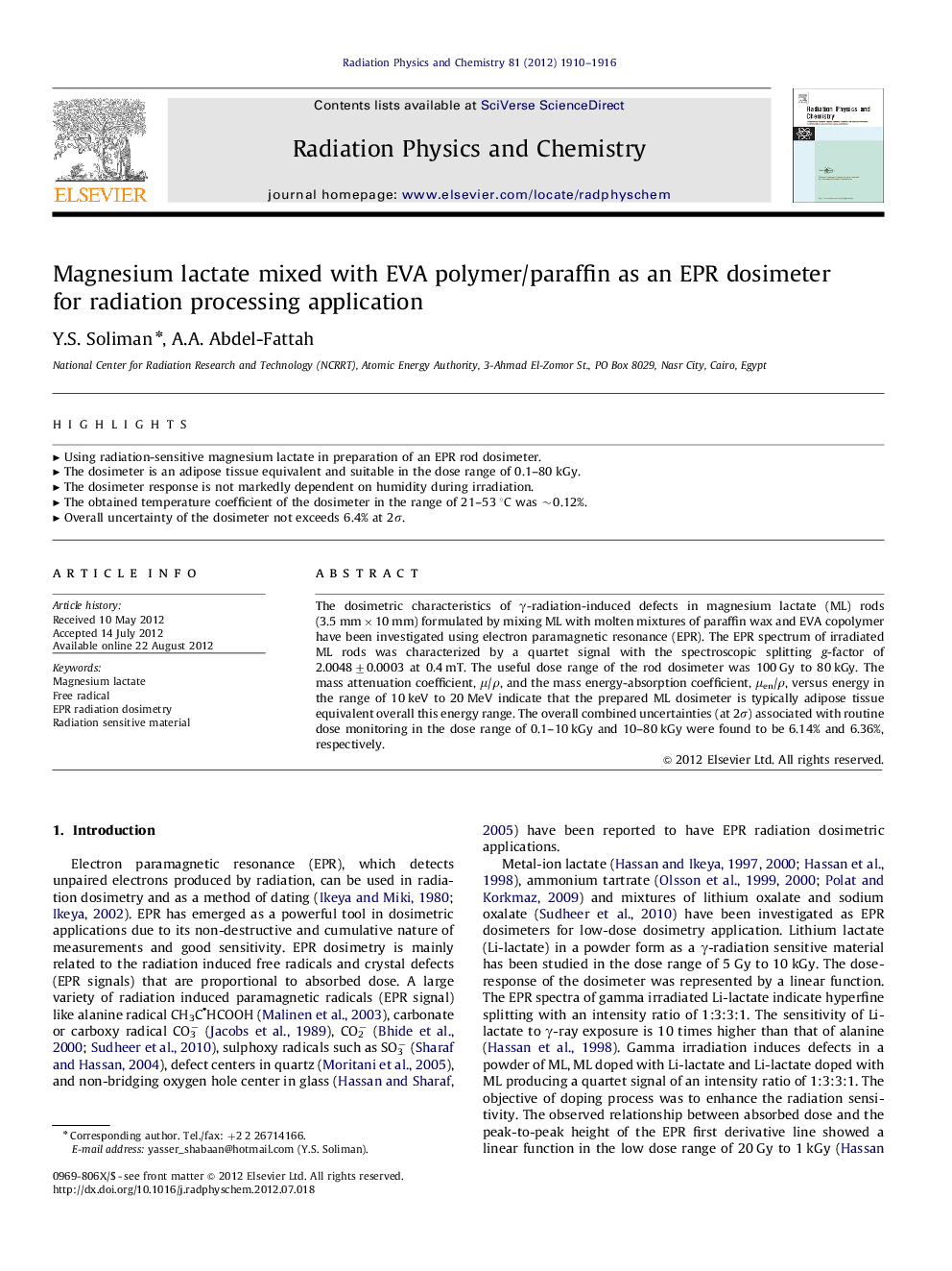 Magnesium lactate mixed with EVA polymer/paraffin as an EPR dosimeter for radiation processing application