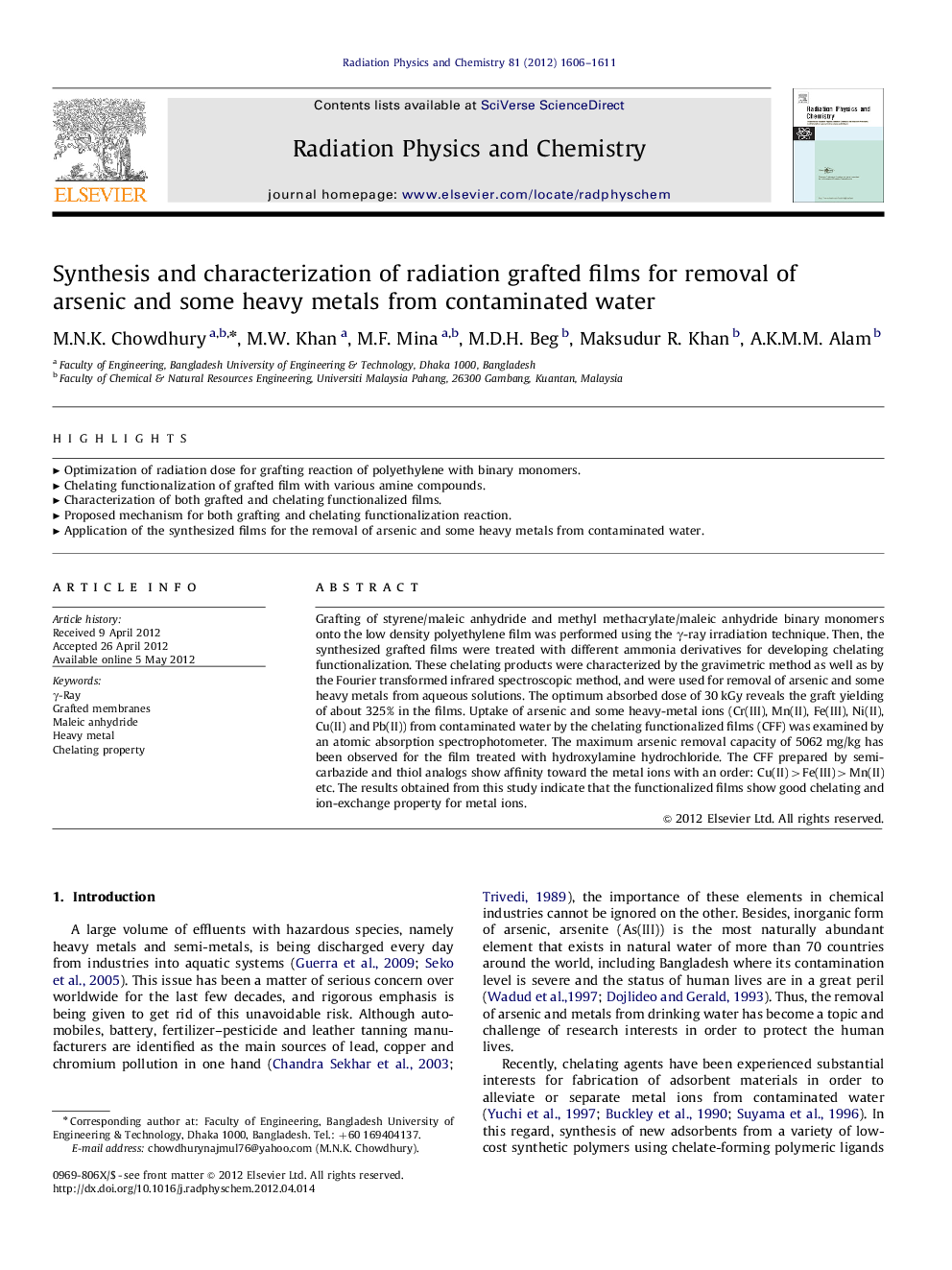 Synthesis and characterization of radiation grafted films for removal of arsenic and some heavy metals from contaminated water