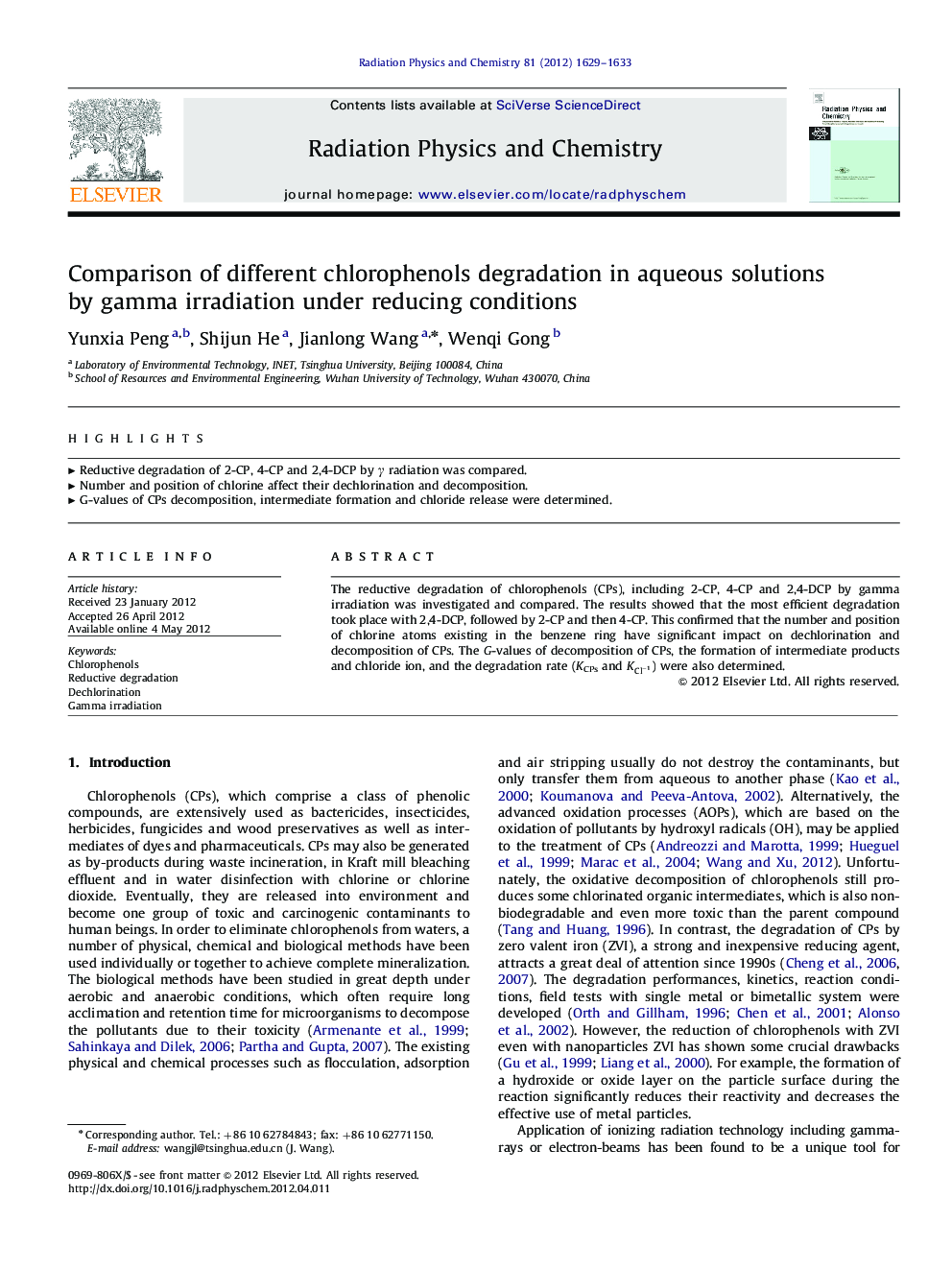 Comparison of different chlorophenols degradation in aqueous solutions by gamma irradiation under reducing conditions