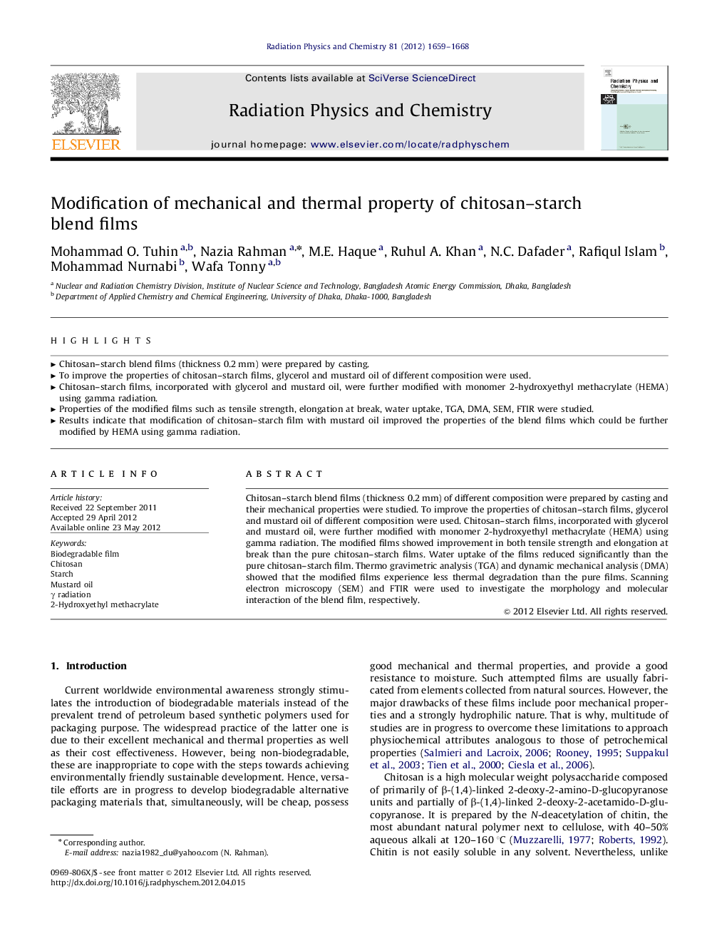 Modification of mechanical and thermal property of chitosan–starch blend films