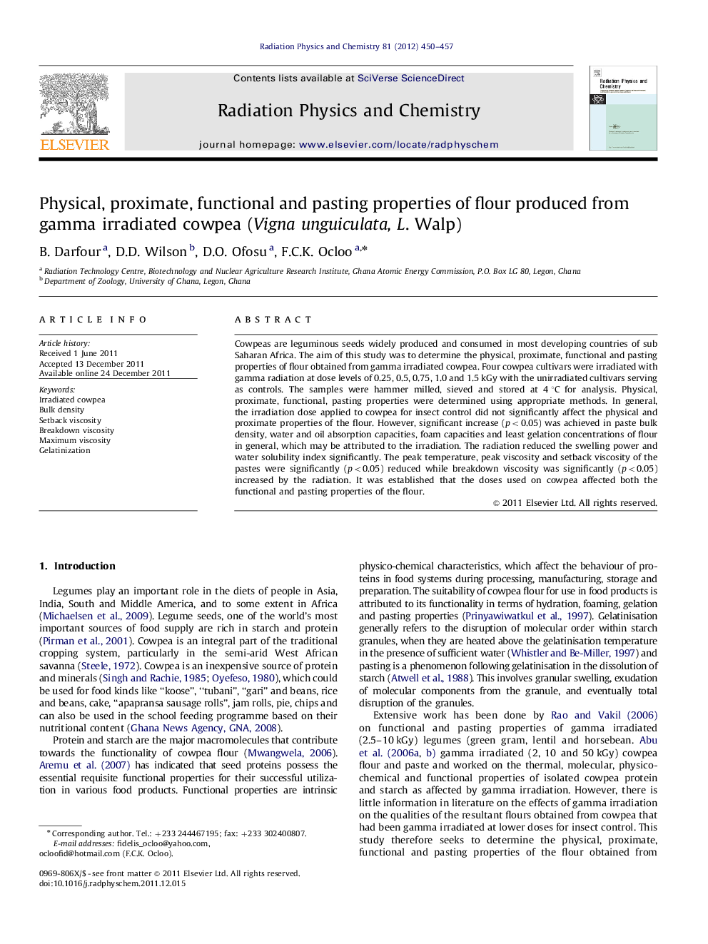 Physical, proximate, functional and pasting properties of flour produced from gamma irradiated cowpea (Vigna unguiculata, L. Walp)