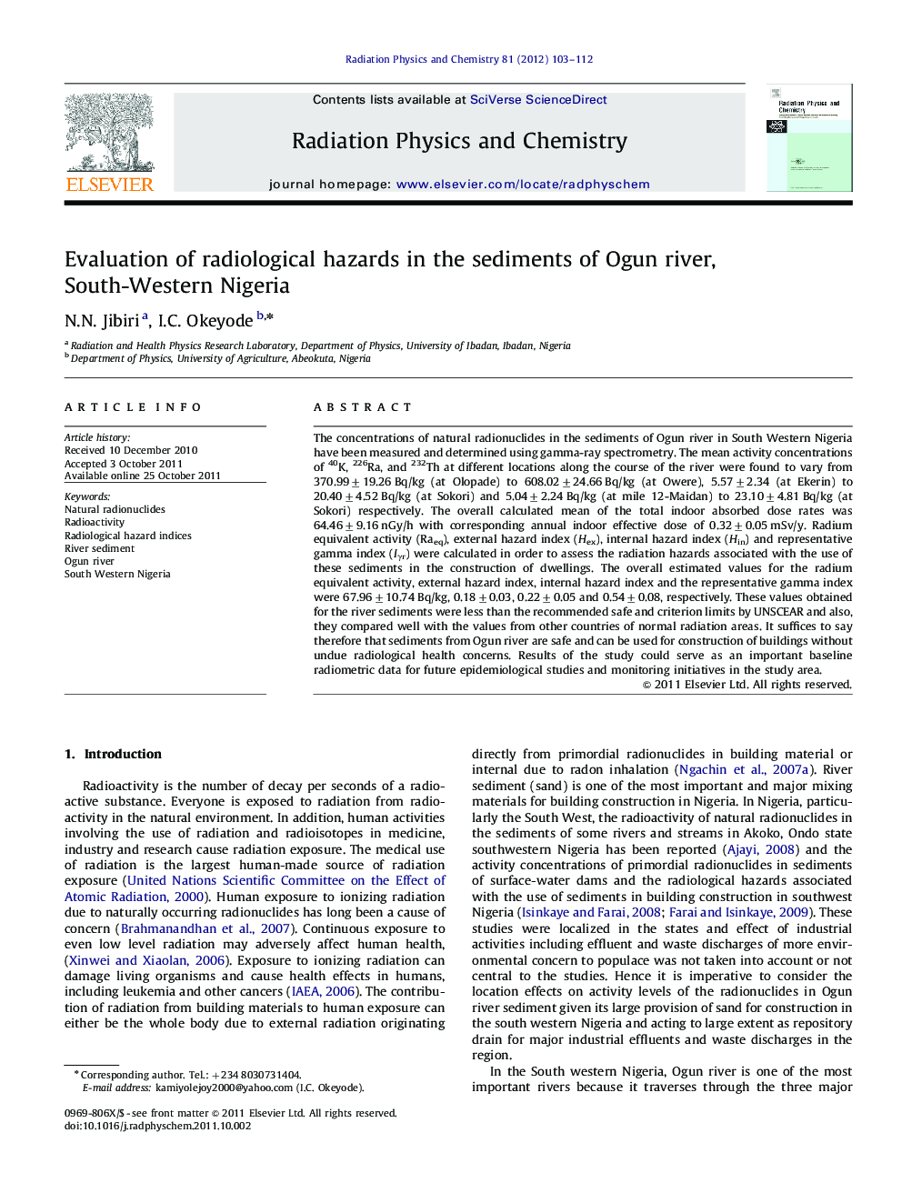 Evaluation of radiological hazards in the sediments of Ogun river, South-Western Nigeria