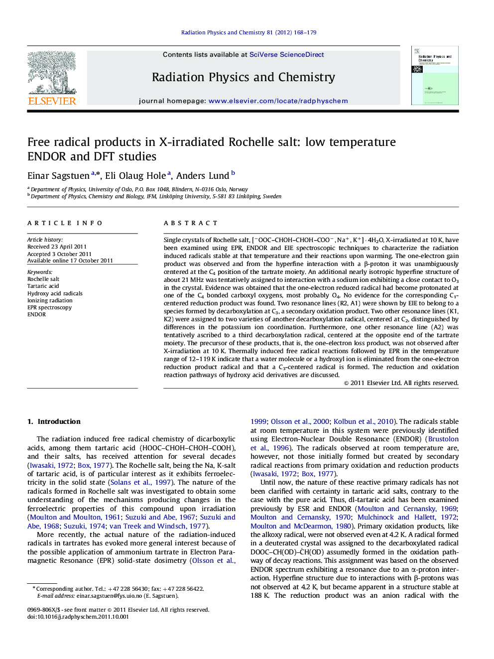 Free radical products in X-irradiated Rochelle salt: low temperature ENDOR and DFT studies