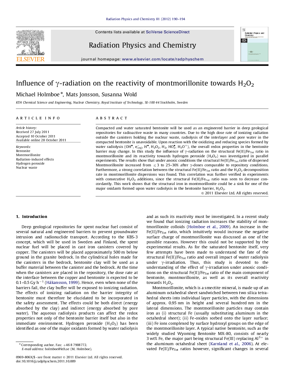 Influence of γ-radiation on the reactivity of montmorillonite towards H2O2