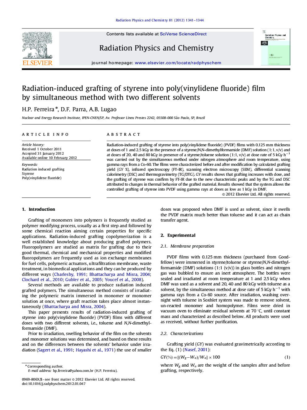 Radiation-induced grafting of styrene into poly(vinylidene fluoride) film by simultaneous method with two different solvents