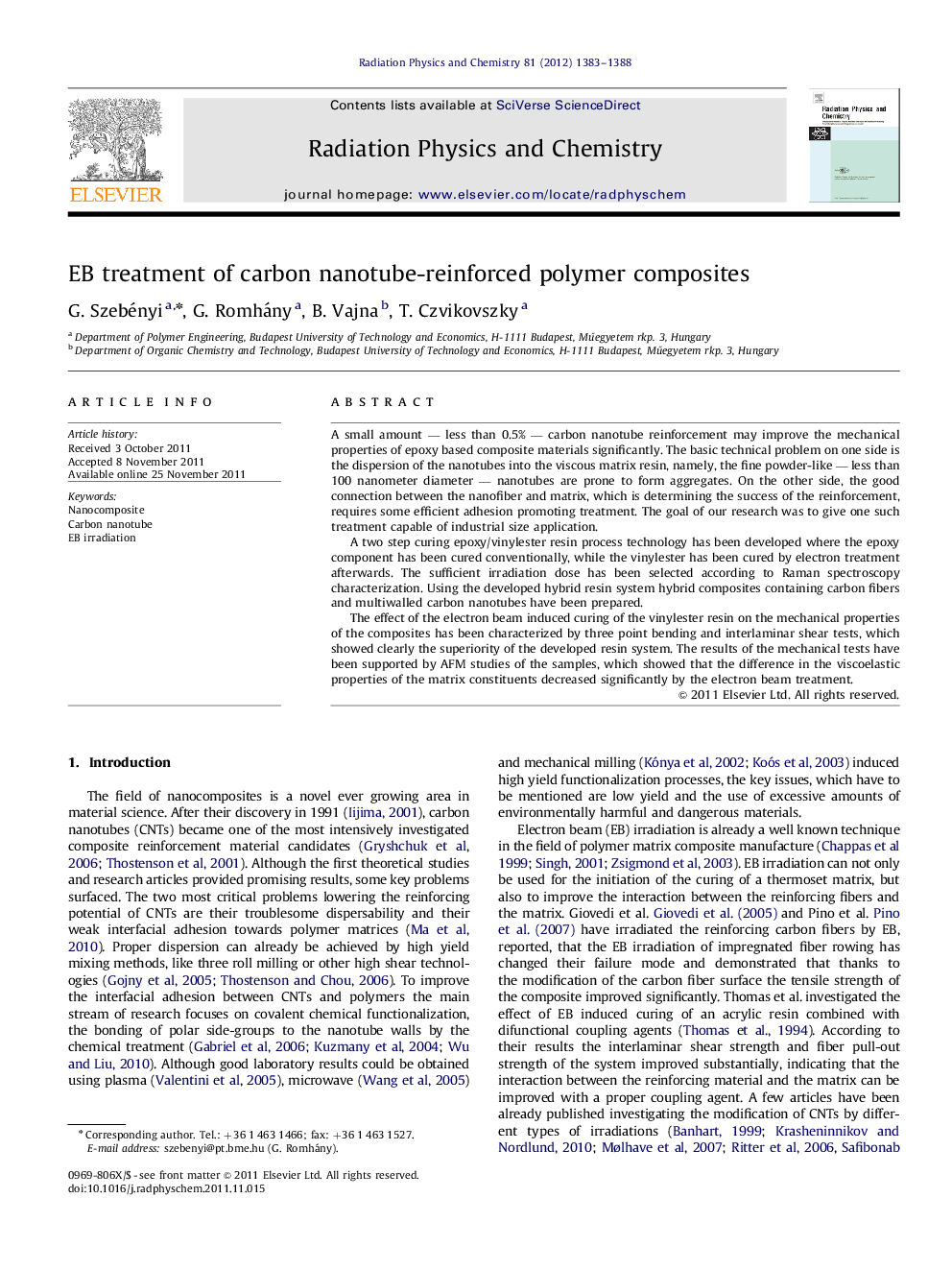 EB treatment of carbon nanotube-reinforced polymer composites