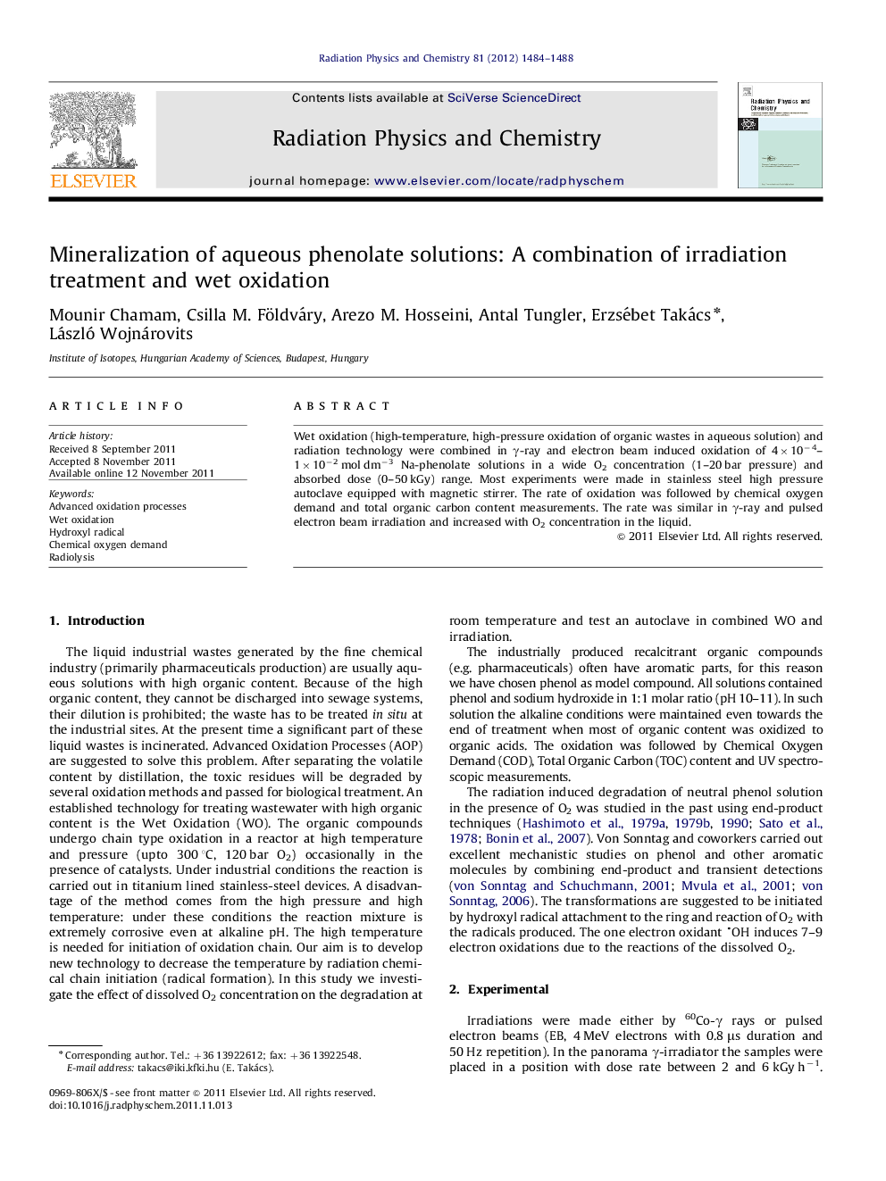 Mineralization of aqueous phenolate solutions: A combination of irradiation treatment and wet oxidation