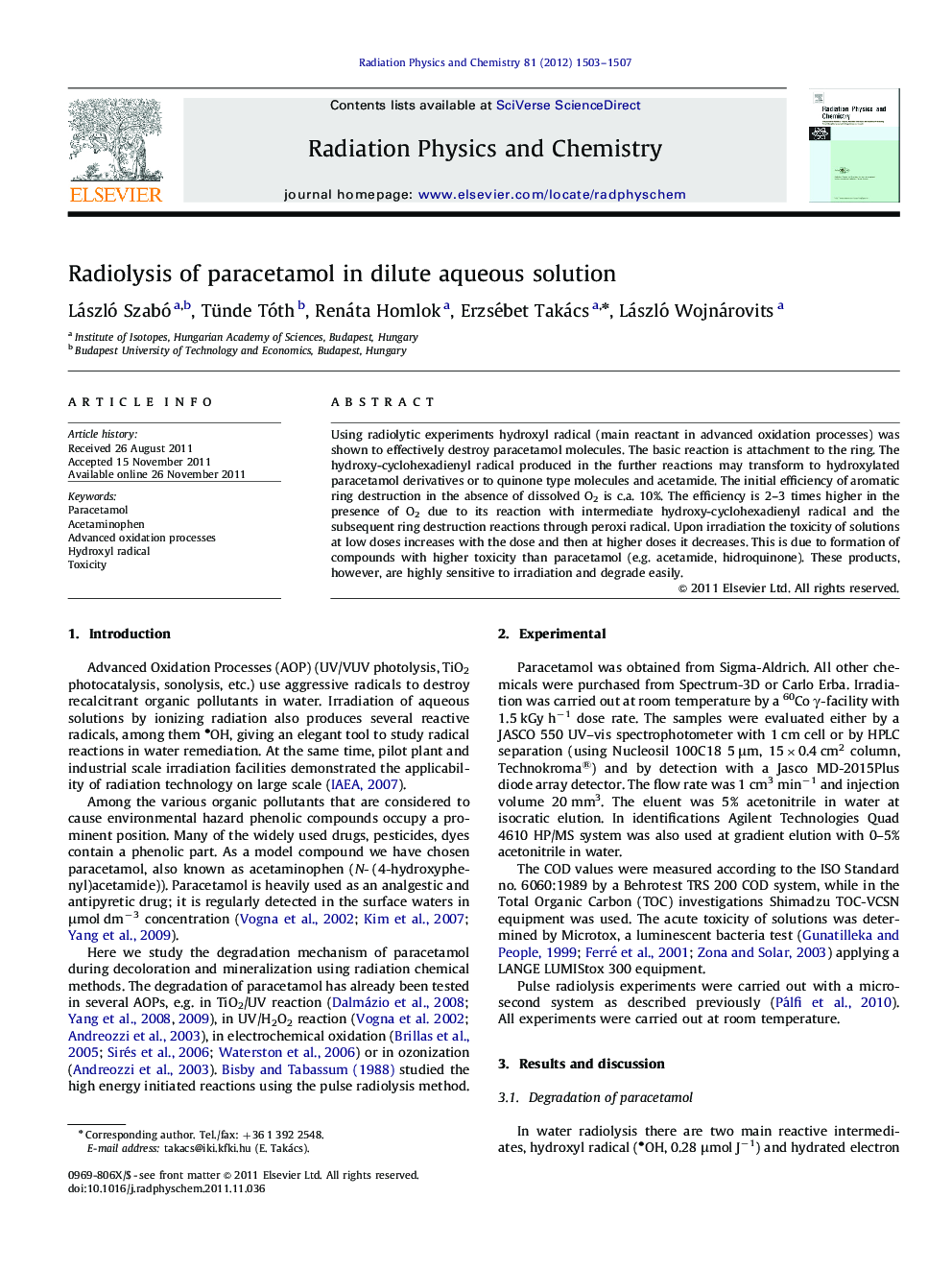 Radiolysis of paracetamol in dilute aqueous solution