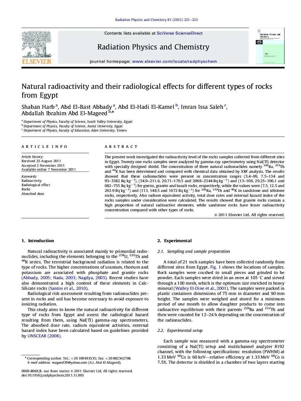 Natural radioactivity and their radiological effects for different types of rocks from Egypt