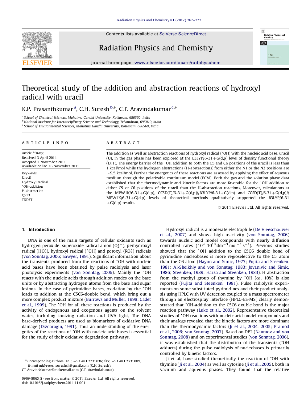 Theoretical study of the addition and abstraction reactions of hydroxyl radical with uracil