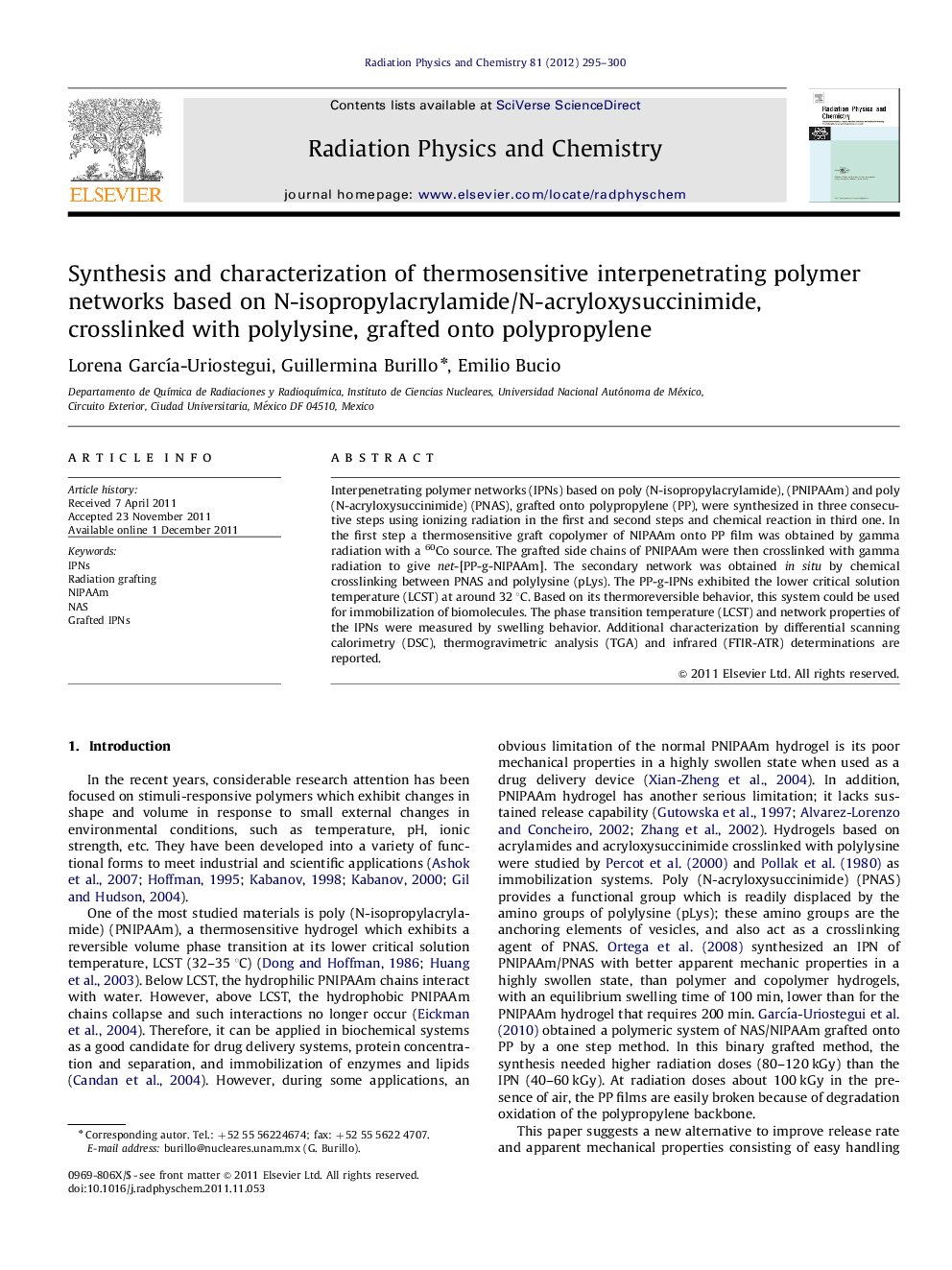 Synthesis and characterization of thermosensitive interpenetrating polymer networks based on N-isopropylacrylamide/N-acryloxysuccinimide, crosslinked with polylysine, grafted onto polypropylene