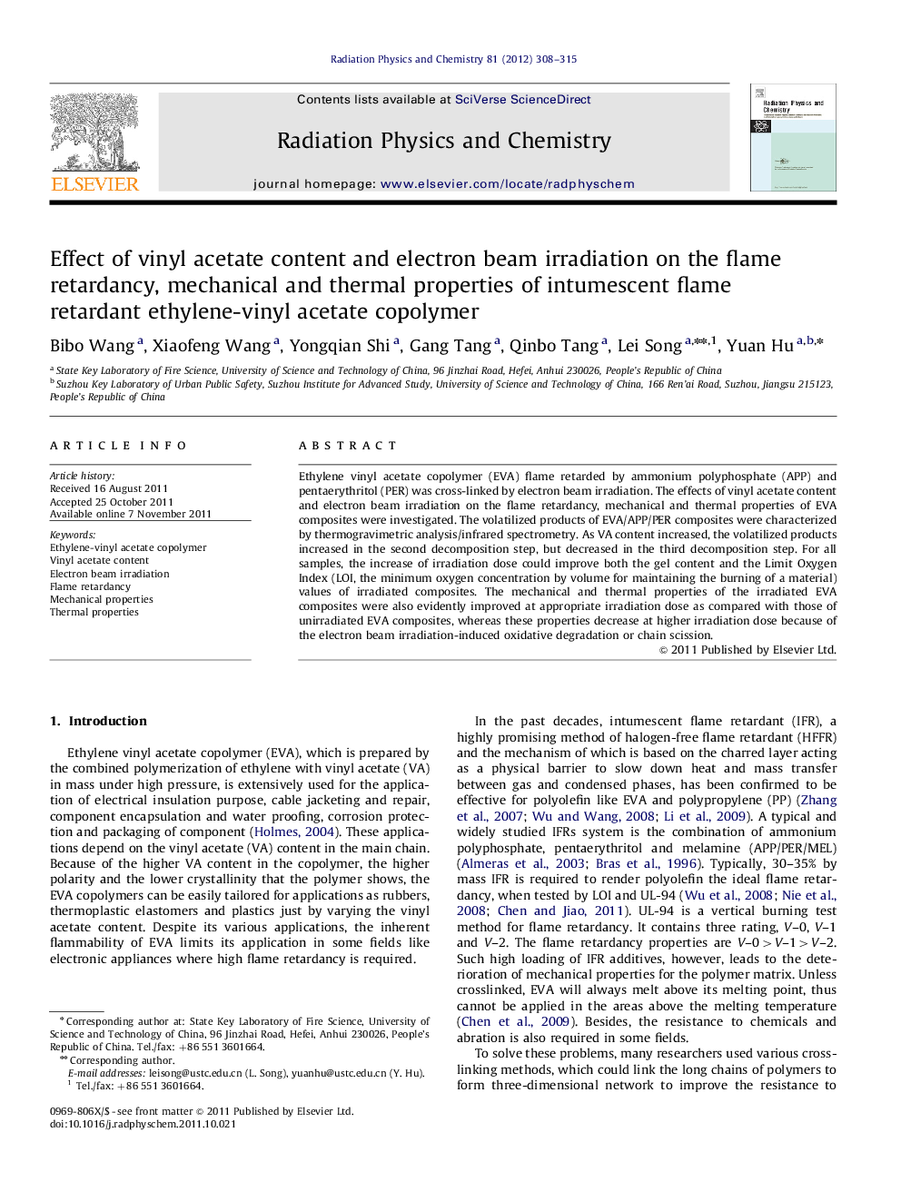 Effect of vinyl acetate content and electron beam irradiation on the flame retardancy, mechanical and thermal properties of intumescent flame retardant ethylene-vinyl acetate copolymer