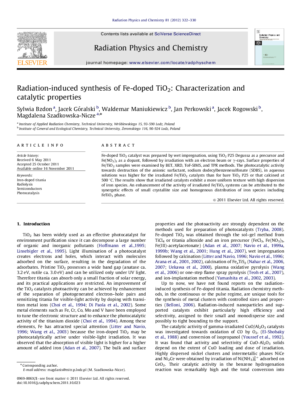 Radiation-induced synthesis of Fe-doped TiO2: Characterization and catalytic properties