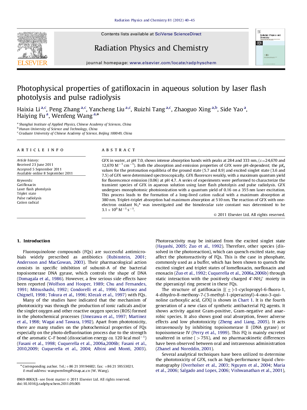 عکس صفحه اول مقاله: Photophysical properties of gatifloxacin in aqueous solution by laser flash photolysis and pulse radiolysis Photophysical properties of gatifloxacin in aqueous solution by laser flash photolysis and pulse radiolysis