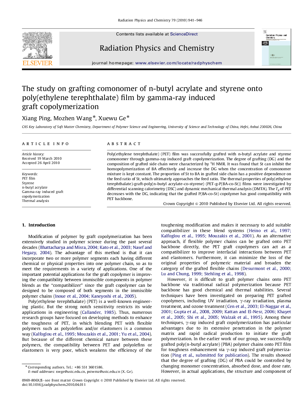 The study on grafting comonomer of n-butyl acrylate and styrene onto poly(ethylene terephthalate) film by gamma-ray induced graft copolymerization