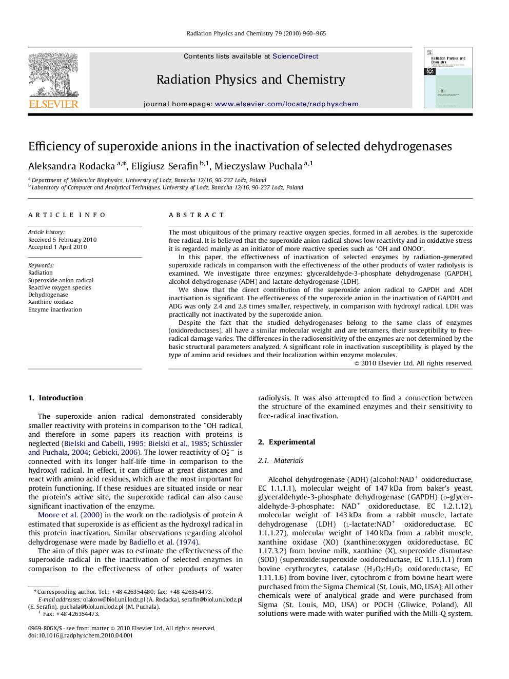 Efficiency of superoxide anions in the inactivation of selected dehydrogenases