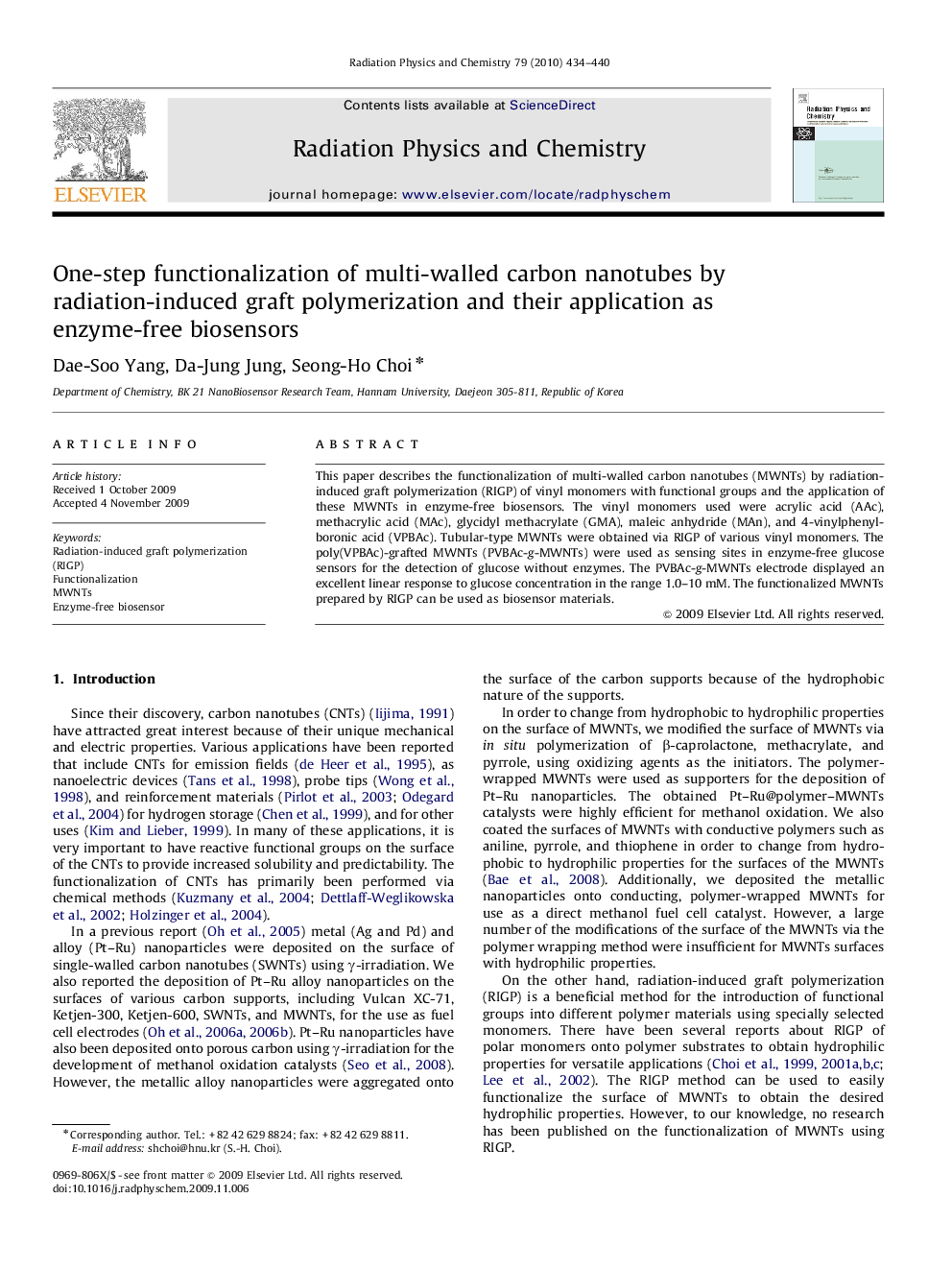 One-step functionalization of multi-walled carbon nanotubes by radiation-induced graft polymerization and their application as enzyme-free biosensors
