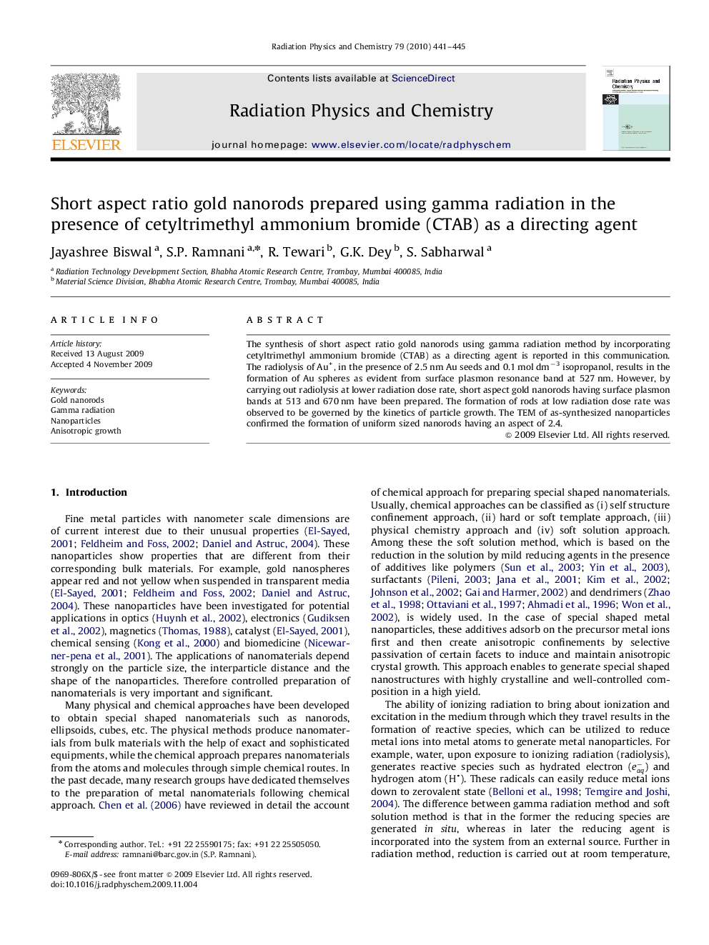 Short aspect ratio gold nanorods prepared using gamma radiation in the presence of cetyltrimethyl ammonium bromide (CTAB) as a directing agent