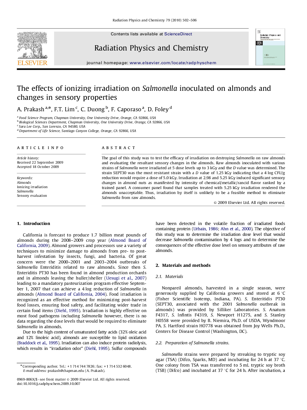 The effects of ionizing irradiation on Salmonella inoculated on almonds and changes in sensory properties