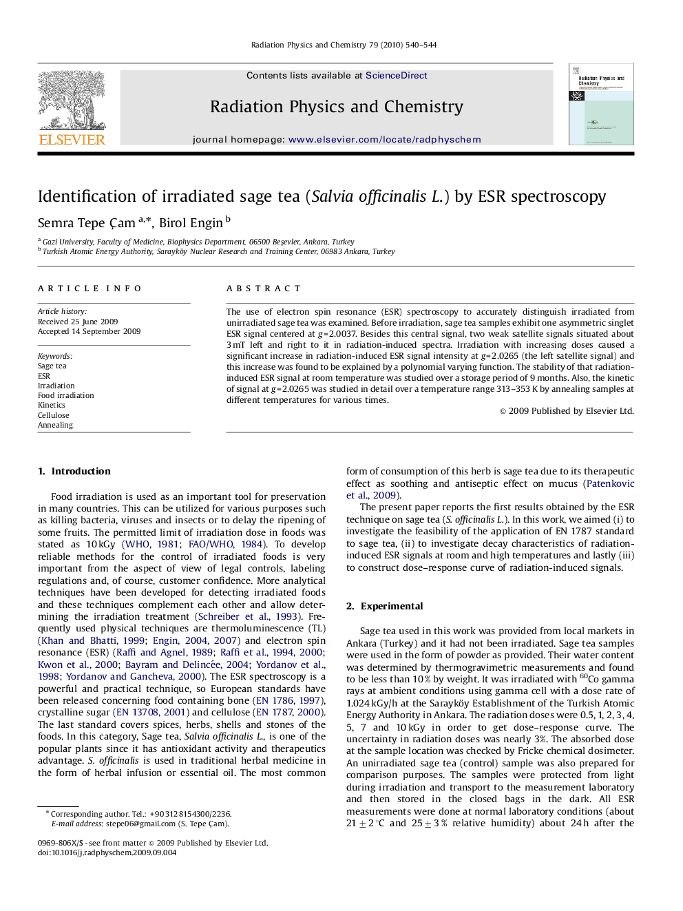 Identification of irradiated sage tea (Salvia officinalis L.) by ESR spectroscopy