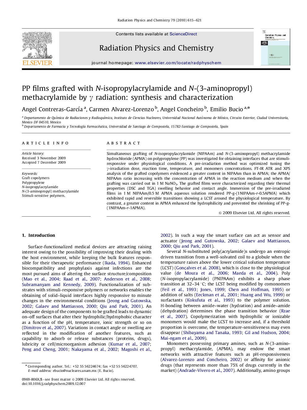 PP films grafted with N-isopropylacrylamide and N-(3-aminopropyl) methacrylamide by γ radiation: synthesis and characterization