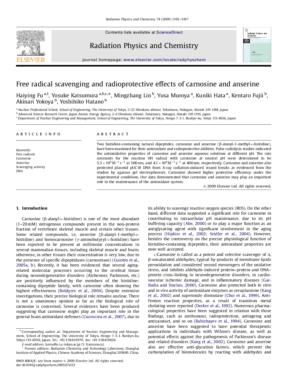 Free radical scavenging and radioprotective effects of carnosine and anserine