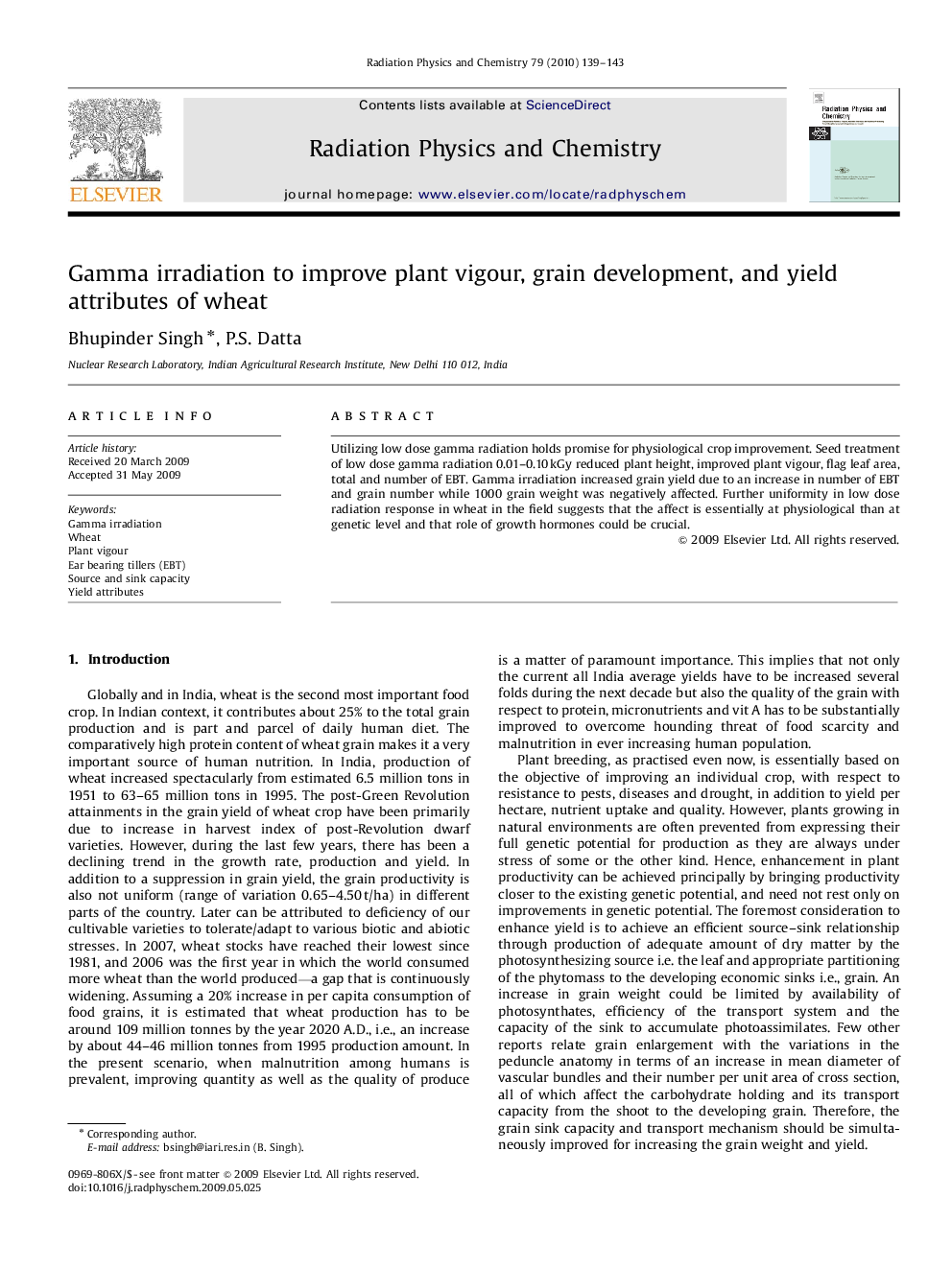 Gamma irradiation to improve plant vigour, grain development, and yield attributes of wheat