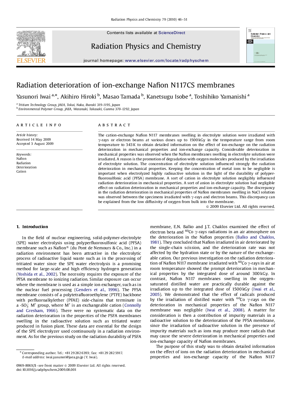 Radiation deterioration of ion-exchange Nafion N117CS membranes