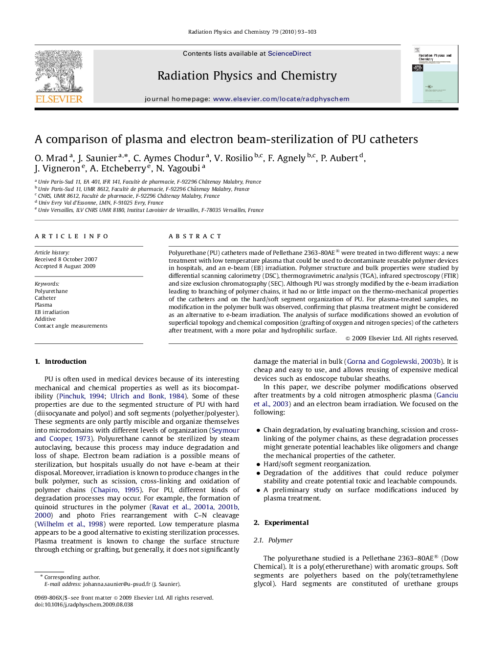 A comparison of plasma and electron beam-sterilization of PU catheters