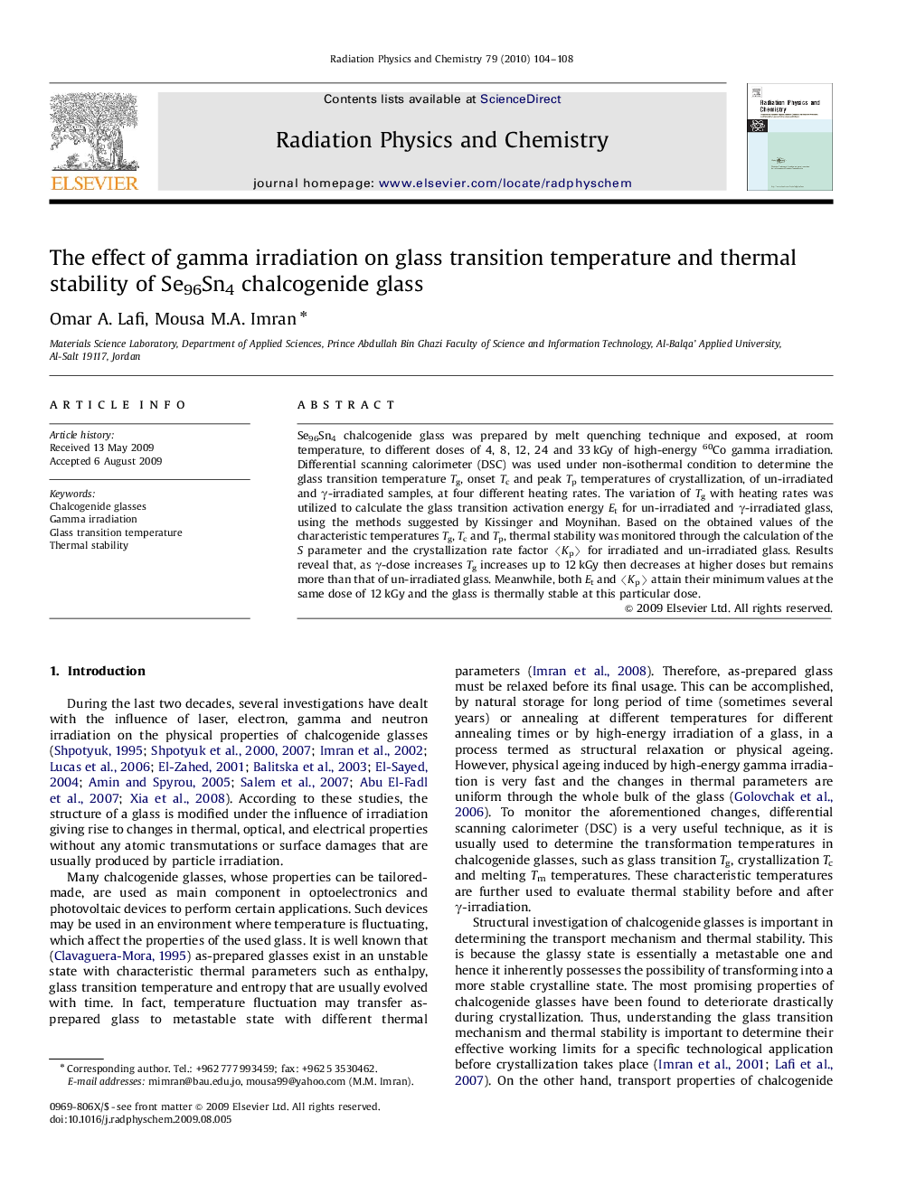 The effect of gamma irradiation on glass transition temperature and thermal stability of Se96Sn4 chalcogenide glass