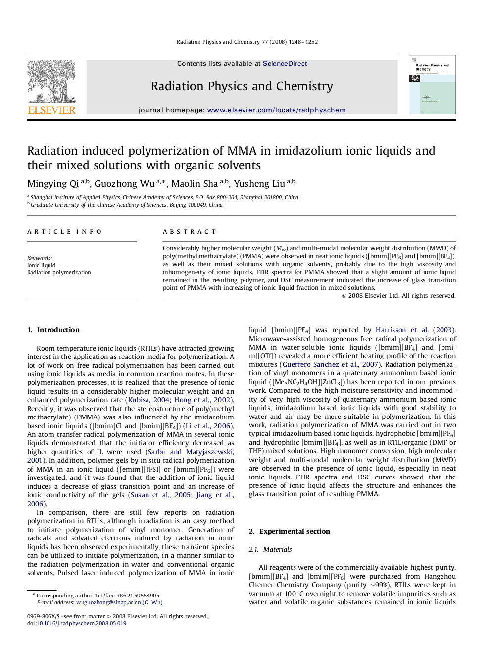 Radiation induced polymerization of MMA in imidazolium ionic liquids and their mixed solutions with organic solvents