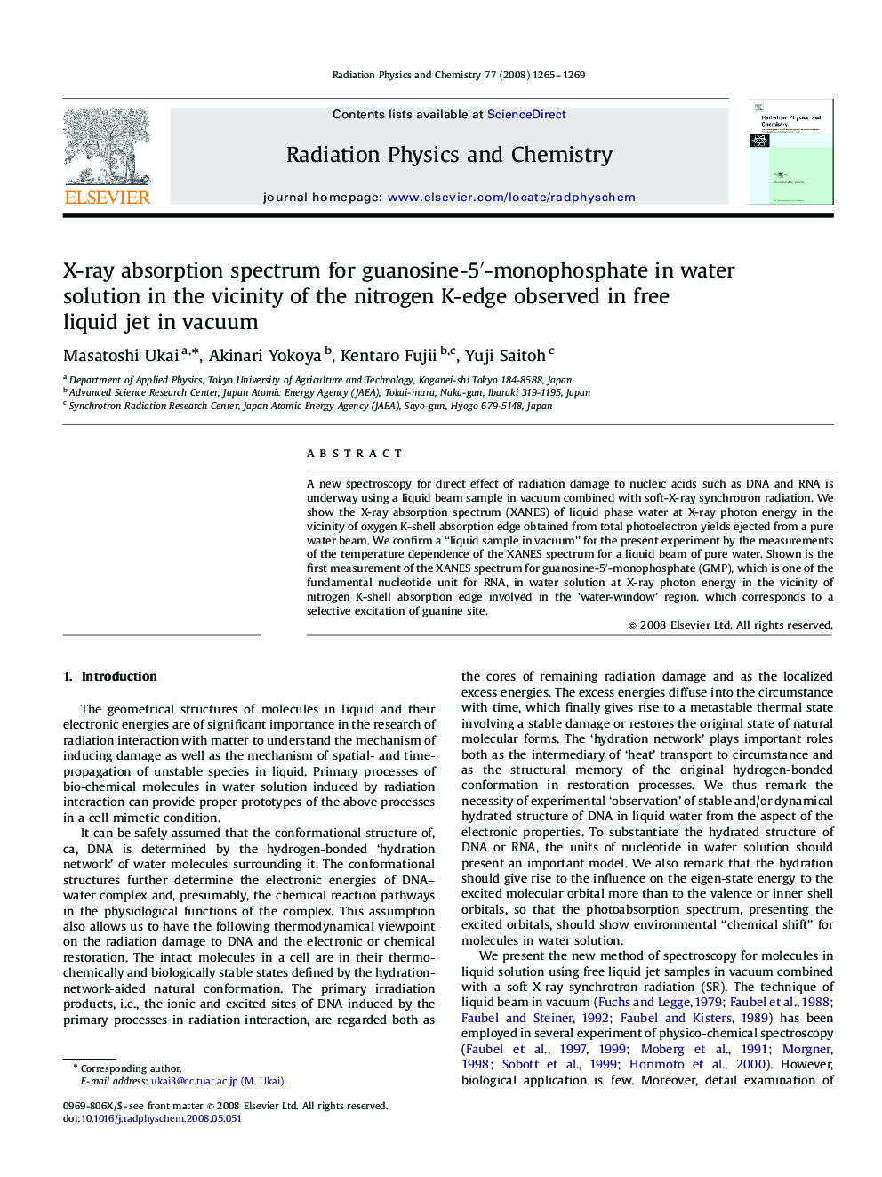 X-ray absorption spectrum for guanosine-5â²-monophosphate in water solution in the vicinity of the nitrogen K-edge observed in free liquid jet in vacuum