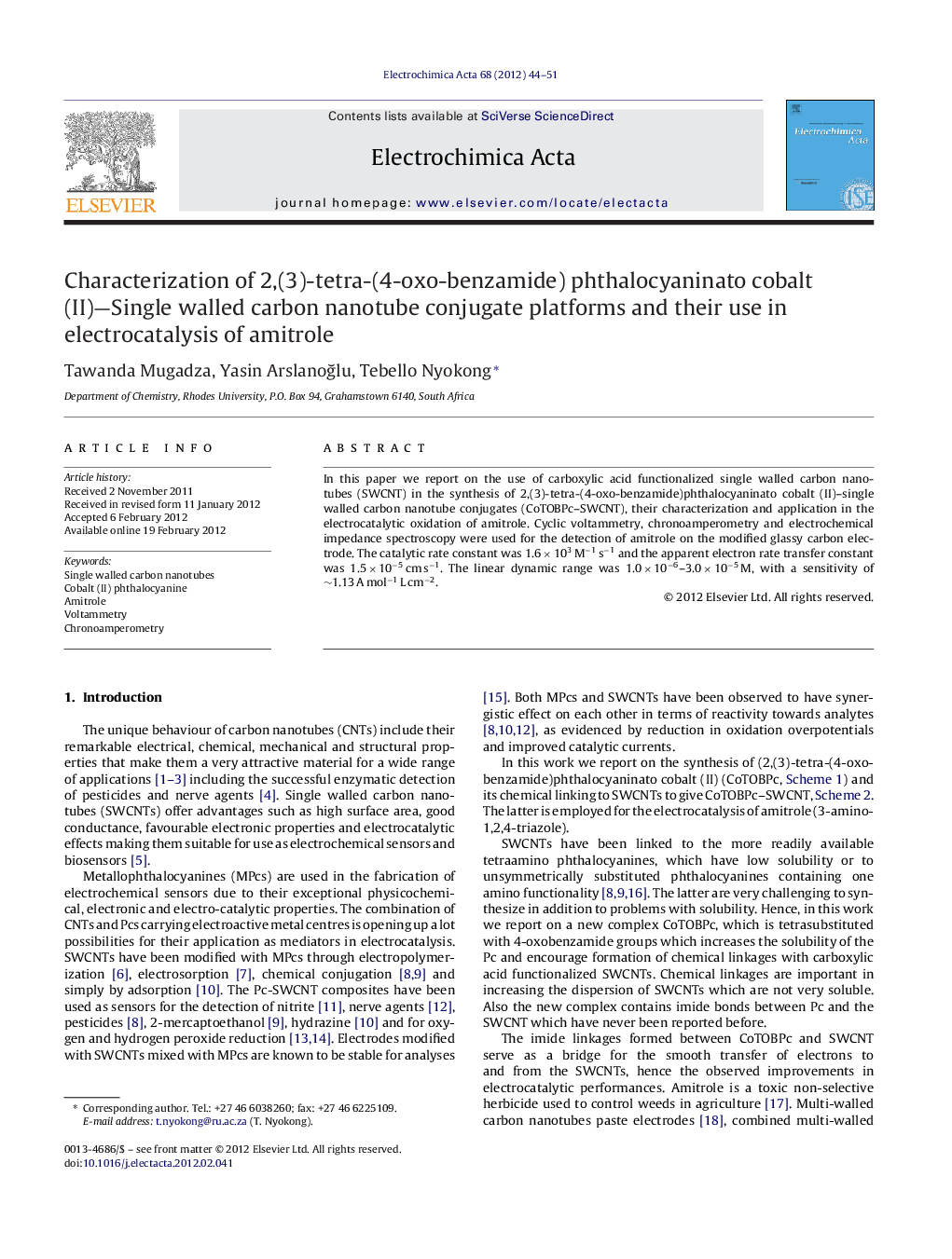 Characterization of 2,(3)-tetra-(4-oxo-benzamide) phthalocyaninato cobalt (II)—Single walled carbon nanotube conjugate platforms and their use in electrocatalysis of amitrole