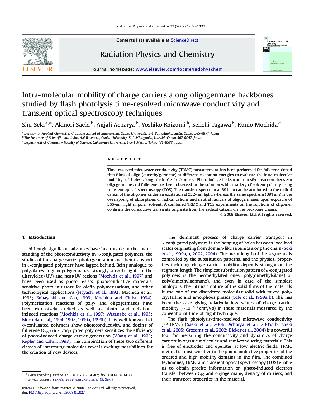 Intra-molecular mobility of charge carriers along oligogermane backbones studied by flash photolysis time-resolved microwave conductivity and transient optical spectroscopy techniques