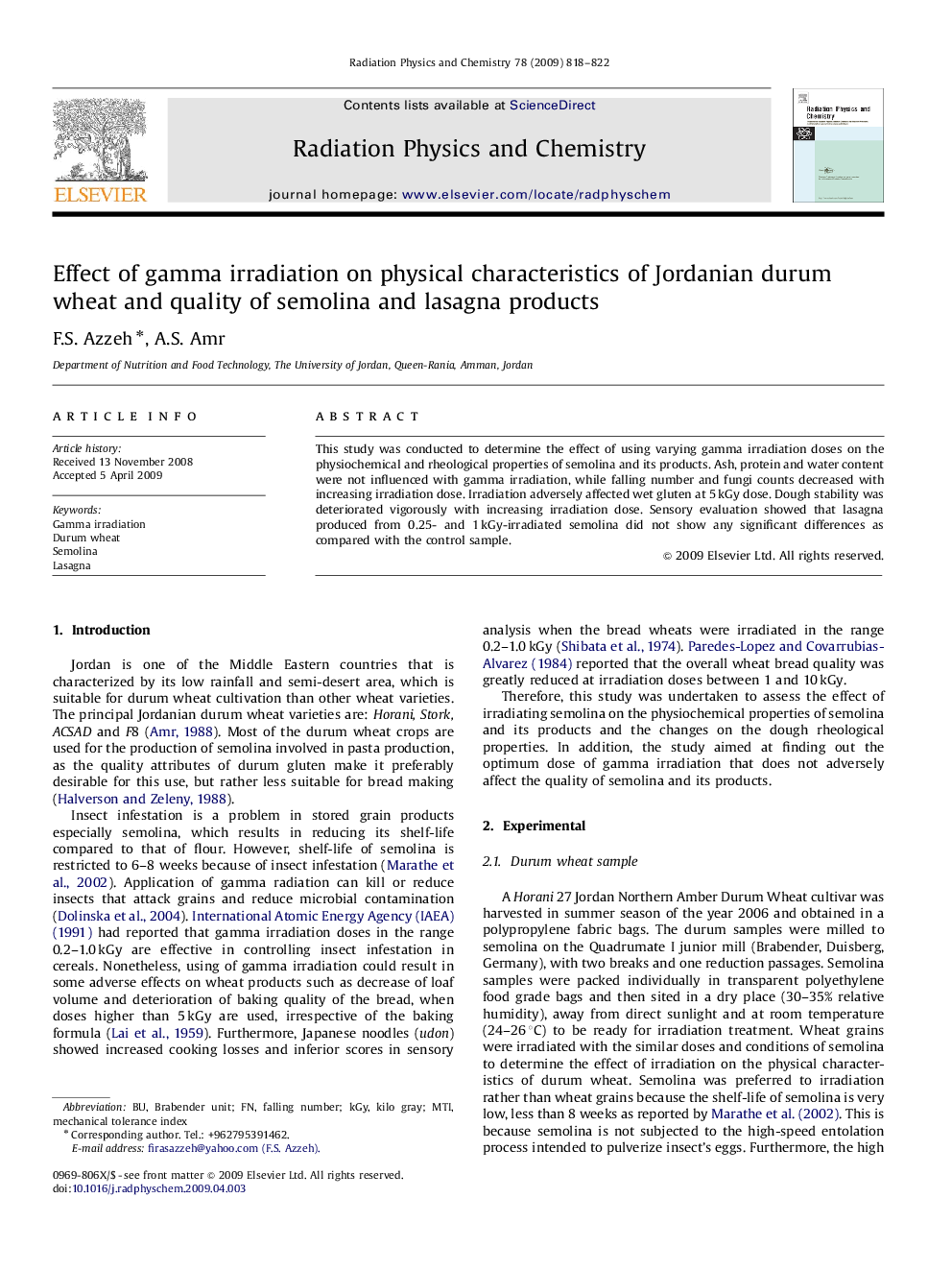 Effect of gamma irradiation on physical characteristics of Jordanian durum wheat and quality of semolina and lasagna products