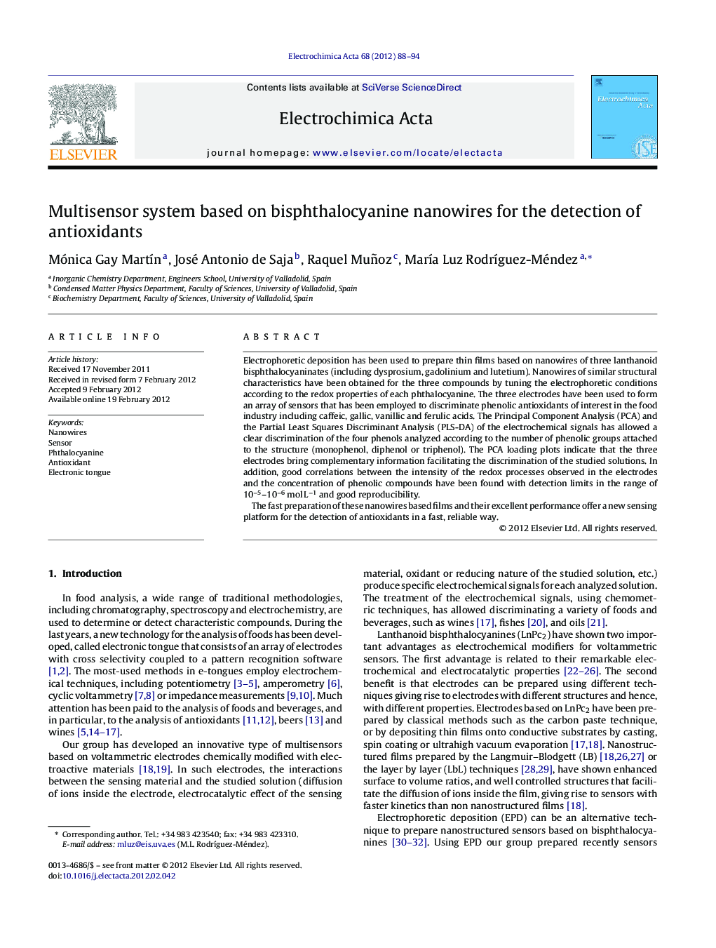 Multisensor system based on bisphthalocyanine nanowires for the detection of antioxidants