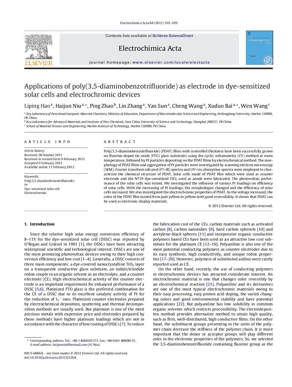 عکس صفحه اول مقاله: Applications of poly(3,5-diaminobenzotrifluoride) as electrode in dye-sensitized solar cells and electrochromic devices Applications of poly(3,5-diaminobenzotrifluoride) as electrode in dye-sensitized solar cells and electrochromic devices