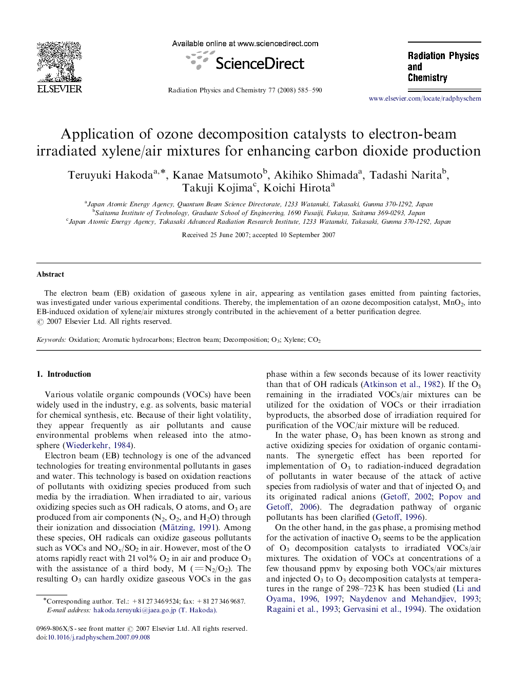 Application of ozone decomposition catalysts to electron-beam irradiated xylene/air mixtures for enhancing carbon dioxide production