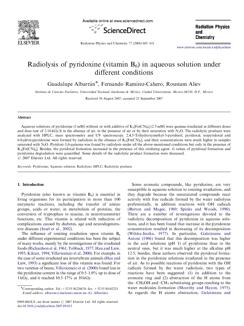 Radiolysis of pyridoxine (vitamin B6) in aqueous solution under different conditions