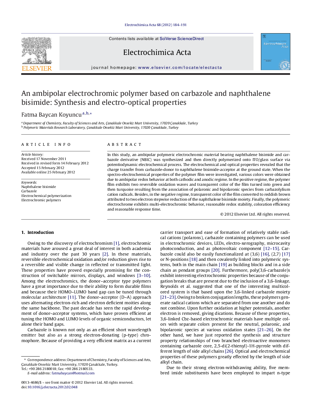 An ambipolar electrochromic polymer based on carbazole and naphthalene bisimide: Synthesis and electro-optical properties