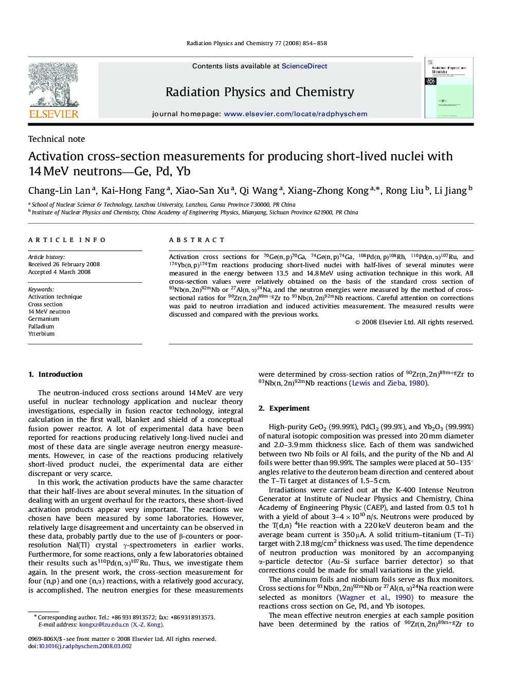 Activation cross-section measurements for producing short-lived nuclei with 14 MeV neutrons—Ge, Pd, Yb